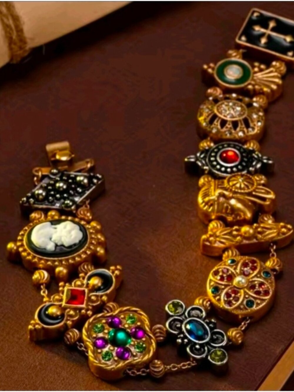 Vintage Gold-Tone Multi-Embellishment Statement Bracelet - Bronze & Gold